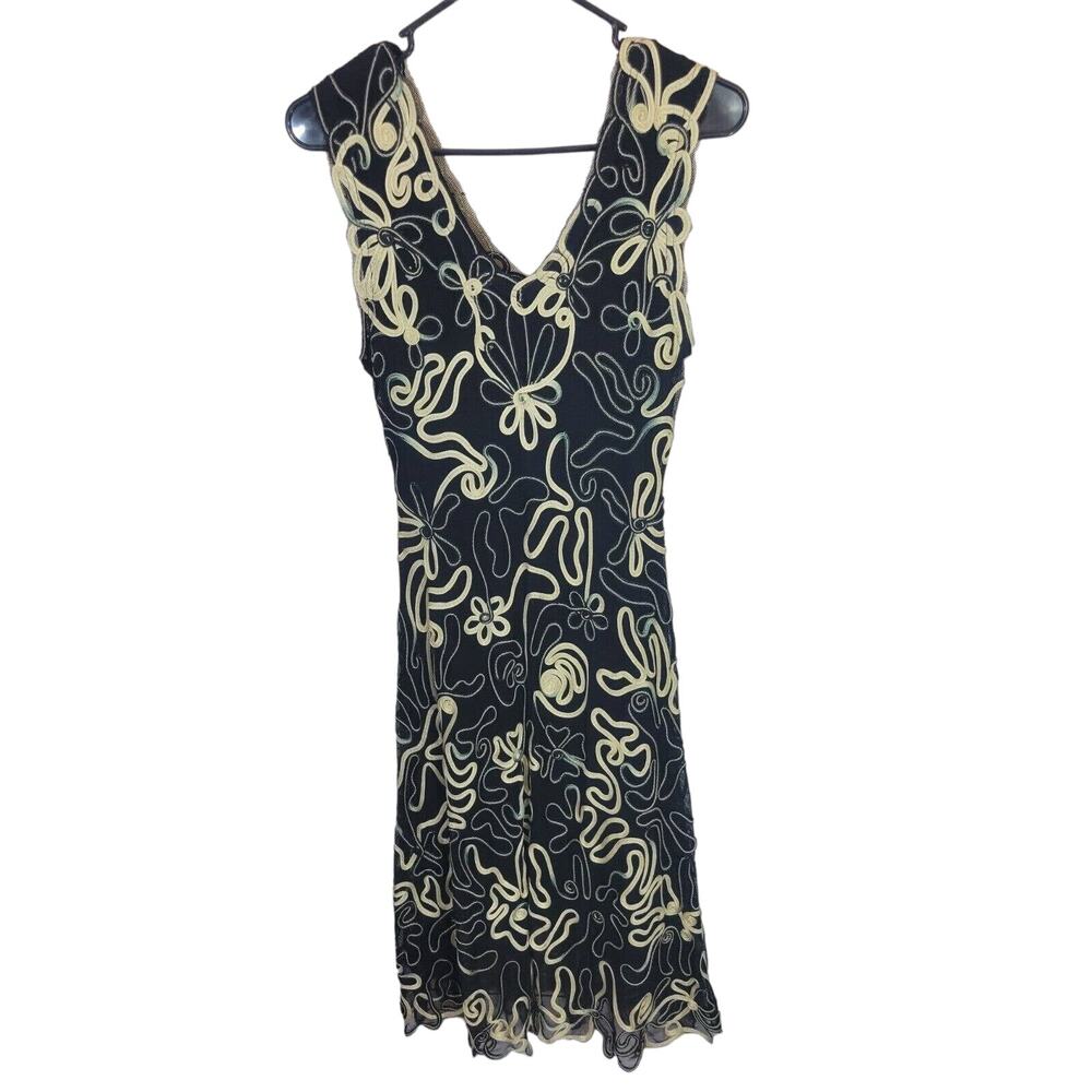 Jolibel Black Floral Applique V-Neck net Overlay Dress‎ Women's Size 10